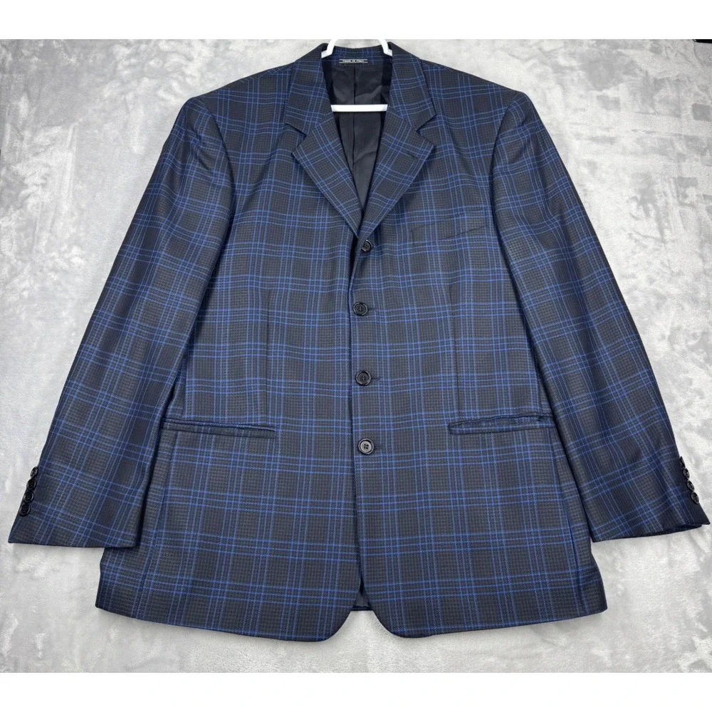 EXTREMA ZANETTI Zegna Blazer 44R US 54R IT Blue Windowpane Plaid Super 120s Wool